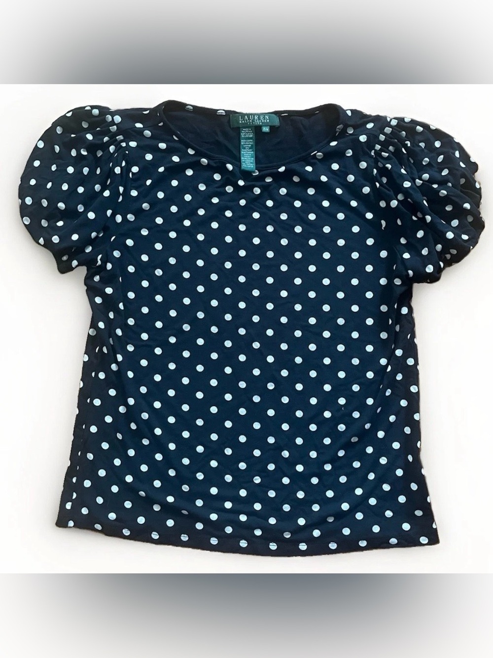 Lauren Ralph Lauren Petite Black & Ivory Polka Dot Short Sleeve Jersey Knit Top